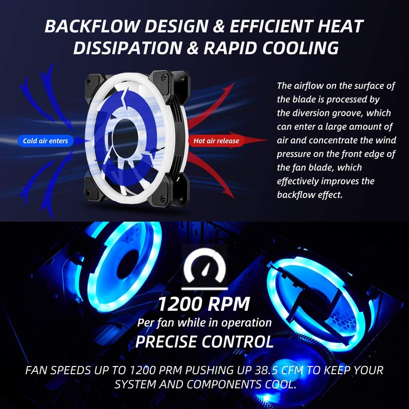 AURTEC 3 Pack RGB Case Fans, 120mm Ultra-Quiet RGB Chassis Cooling Fans, Equiped with Remote Control Hub, 5V ARGB Sync, Speed Adjustable Colorful Cooler, High-Performance Chassis Computer Fan for PC Case - Image 2